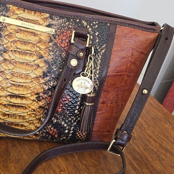 Brahmin | Mini Asher Brown Tyndal Snake Lizard  Smooth Leather Satchel - Picture 2 of 16